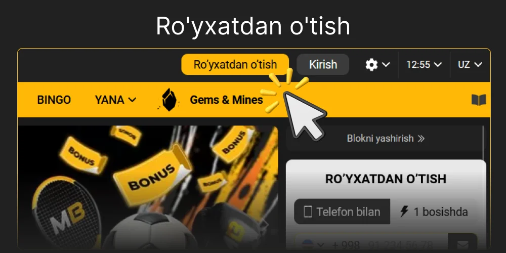 O'zbekistondagi Melbet rasmiy veb-saytiga o'ting va Ro'yxatdan o'tish tugmasini bosing, 1-bosqich